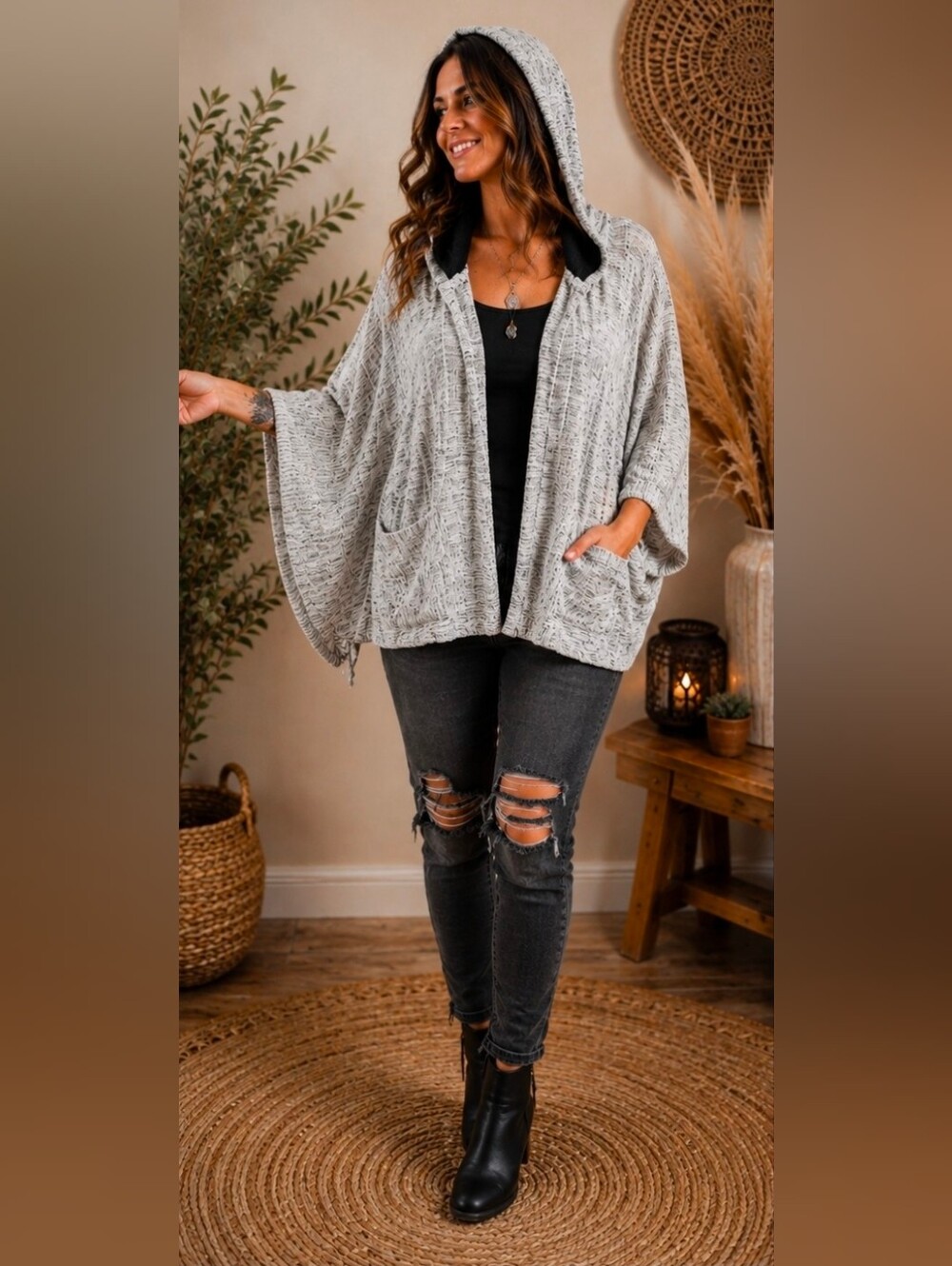Earthbound Hooded Batwing Cardigan | XS/S (Oversized Fit) | Boho Open Front | Po